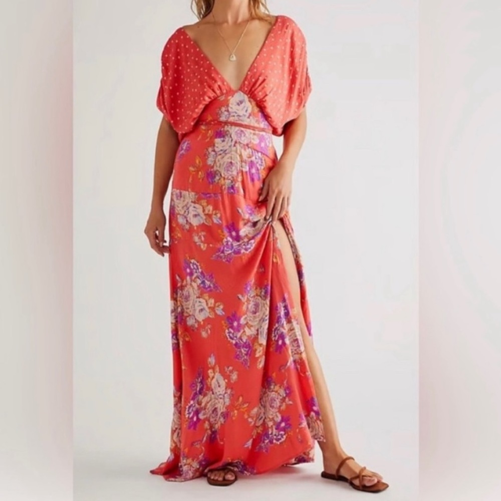 Free People Juniper Floral and Polka Dot Maxi Dress in Peach
